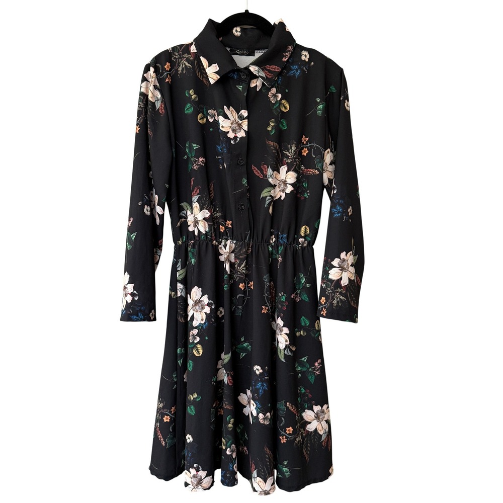 Callisto Black Floral Print Button Down Shirt Dress Long Sleeve Elastic Waist